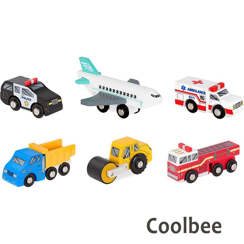 COOLBEE Miniature Toy Cars 6 Pieces Wooden Minis Classic Rescue Construction Toy Vehicles  Steamroller, Dump Truck 3+ Years Wooden Vehicles Set